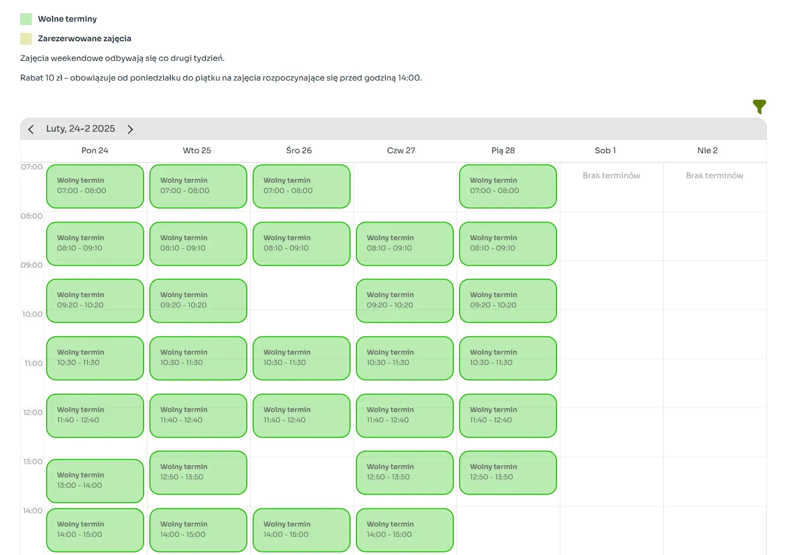 Kalendarz do rezerwacji zawierający wolne terminy zajęć.